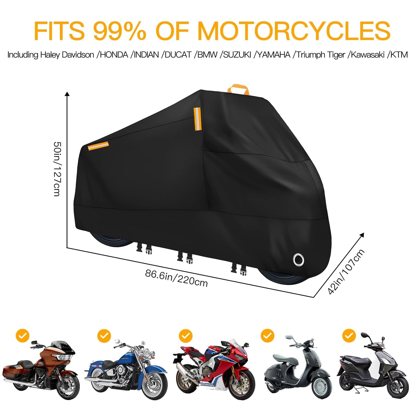 EcoZoro 300D Heavy Duty Motorcycle Cover - All Season Waterproof Outdoor Protection with Lock-Holes, Night Reflective & Storage Bag Fits up to 86.6" Cruiser, Touring, Sportbike, Dirt Bike, Scooter