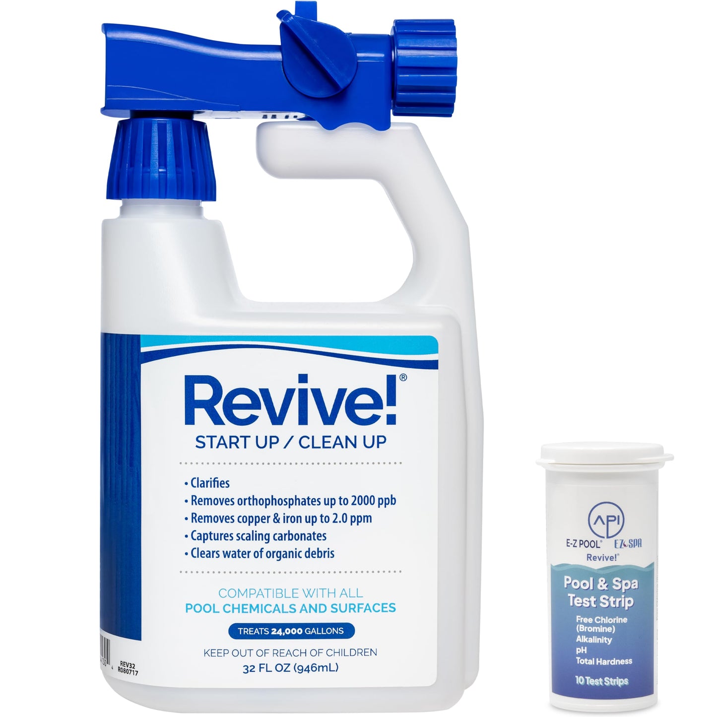 REVIVE 32 oz Water Care Long Lasting Non Foaming Formula for Pools with Test Strips