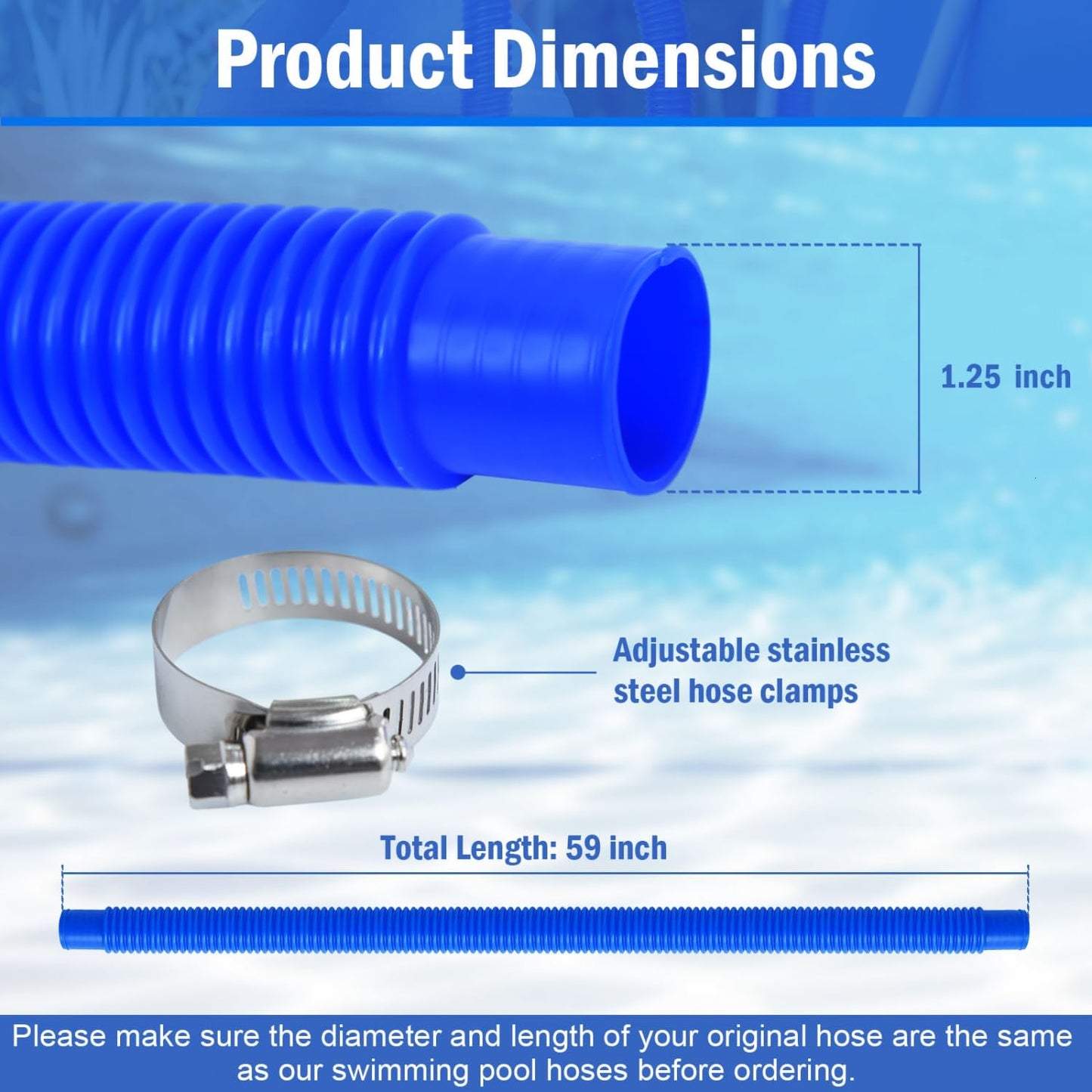 Gonioa Pool Pump Replacement Hose for Above Ground Pools, 1.25 x 59 Inch Filter Hose, Compatible with Intex Filter Pump 607, 637, 330GPH, 530GPH, 1,000GPH, Includes 8 Metal Clamps, Blue (4 Pack)