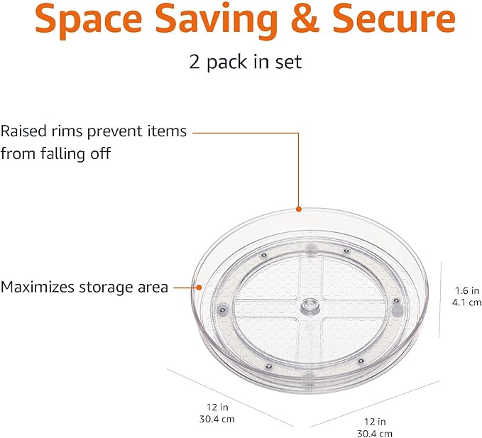 Amazon Basics Clear Lazy Susan Turntable Organizer for Organization, 12-Inch, 2-Pack