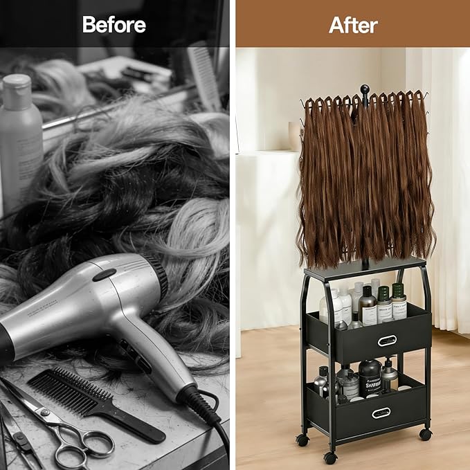 XINTUO Portable Braiding Hair Rack With Wheels & Storage Drawers,168 Pegs Hair Extension Holder Hanger for Braiding Hair Separator Stand Display,Hair rack with stylist hair braiding tools(black)
