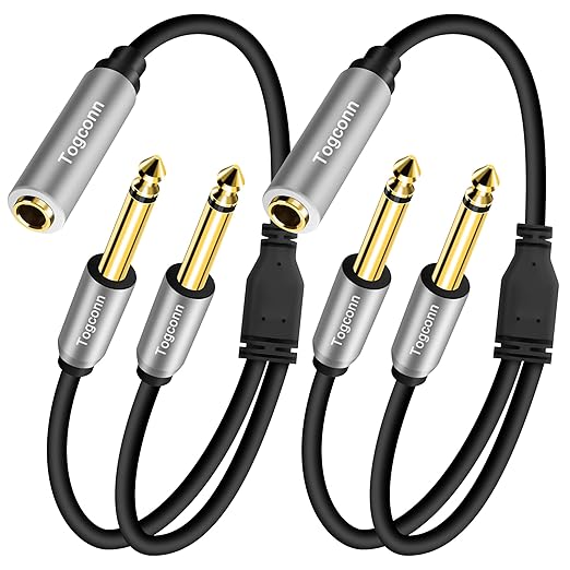 Togconn 2-Pack 1/4 inch TS Mono Splitter Y Adapter, 6.35mm Mono Female to Dual 6.35 mm TS Mono Male Jack, Quarter inch Audio Speaker Splitter Converter Cable 1 Feet, Gold Plated Connectors