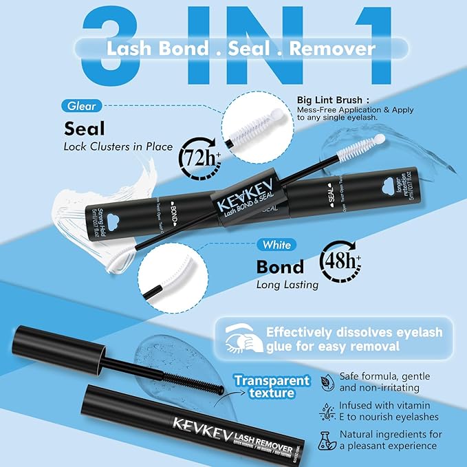 Lash Cluster Glue Lash Remover For Lash Extensions 3 In 1 Kit Strong Hold Clear Bond and Seal Lash Glue Gentle Quick Removal Lash Cluster Remover DIY Lash Extension At Home,Easy to Use(10ml+5ml)