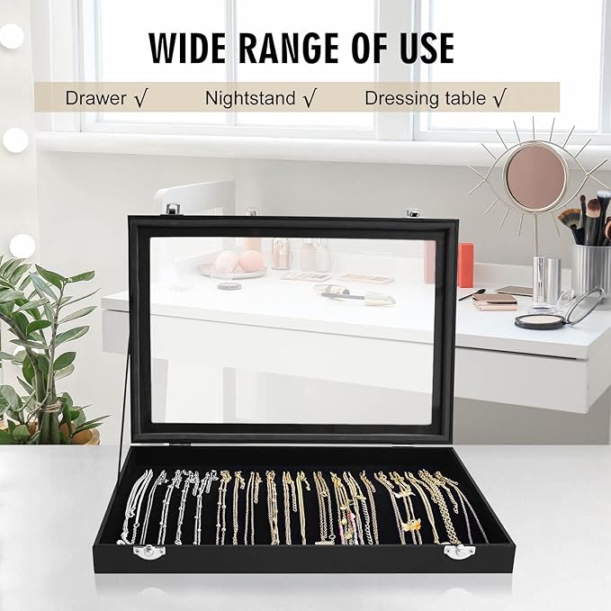 Premium Necklace Organizer Box - 20 Hooks Jewelry Tray with Transparent Lid - Display Box for Necklaces, Pendants - Suitable for Women and Girls (Black)