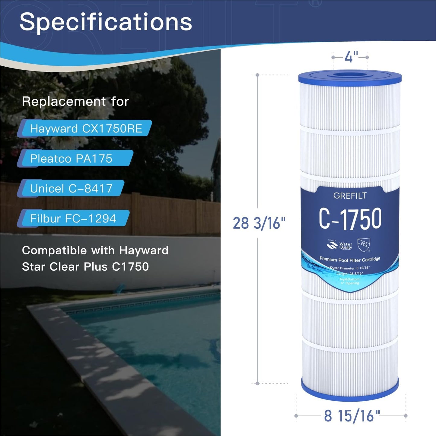 Grefilt C1750 Pool Filter Cartridge, Compatible with Hayward C1750, CX1750RE, Replacement for Pleatco PA175, Unicel C-8417, Filbur FC-1294, Sta-Rite PXC175, 175 sq.ft, Dimensions: 28 3/16" x 8 15/16"
