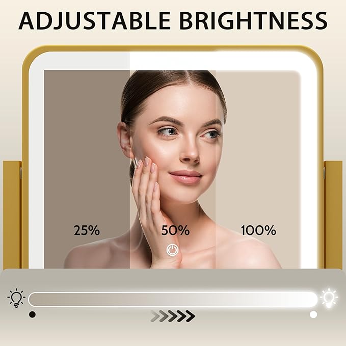 ROLOVE Gold Lighted Makeup Mirror, 14"x12" Vanity Mirror with Smart Touch Control, 3-Color Dimmable Lighting, 360° Rotation for Desk or Bedroom