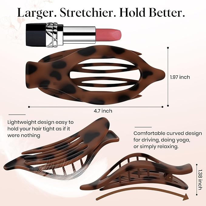 2 PCS Large Flat Hair Clips for Women, French Concord Lay Down Flat Claw Clips for Thick Thin Hair, Comfortable Curved Flat Clip, Matte Non-slip Strong Hold Hair Accessories, Tortoise & Black