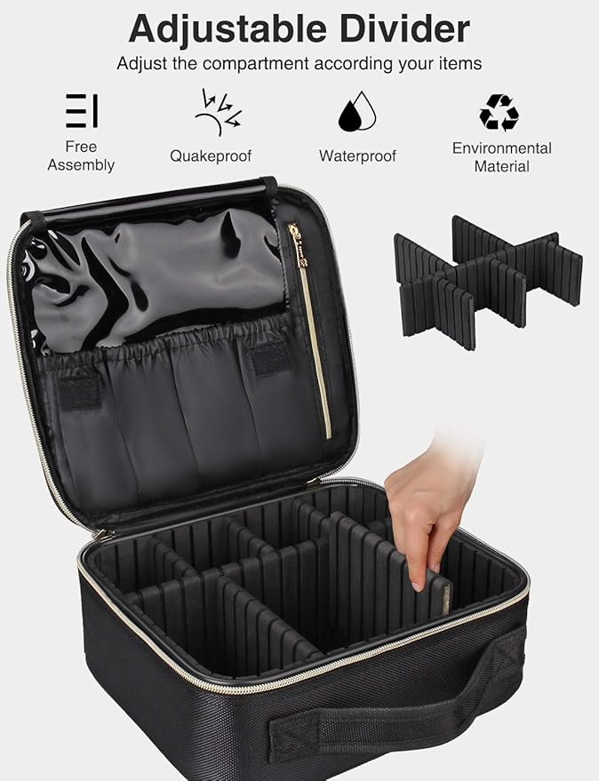 Relavel Travel Makeup Train Case Makeup Cosmetic Case Organizer Portable Artist Storage Bag with Adjustable Dividers for Cosmetics Makeup Brushes Toiletry, Black with Gold Zipper