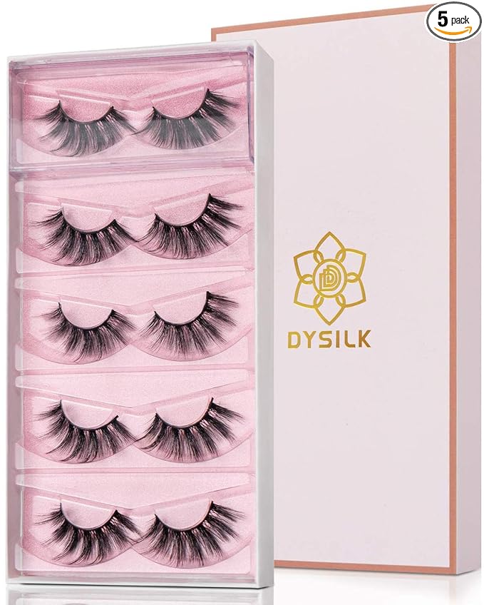 DYSILK False Eyelashes Mink - Strip Lashes 5 Pairs 6D Faux Eyelash Wispy Lashes Cat Eye Fake Eyelashes Natural Look Fluffy Lash Reusable Lash Extension Kit | 004-16.7mm