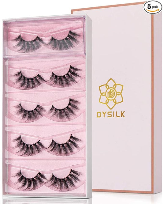 DYSILK False Eyelashes Mink - Strip Lashes 5 Pairs 6D Faux Eyelash Wispy Lashes Cat Eye Fake Eyelashes Natural Look Fluffy Lash Reusable Lash Extension Kit | 004-16.7mm
