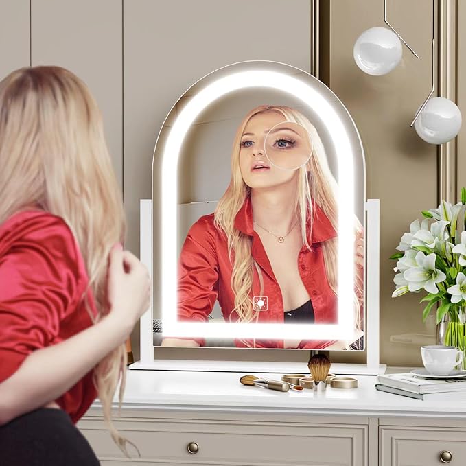 Vanity Mirror with Lights, 15.2’’ LED Makeup Mirror Detachable 10X Magnification, Smart Touch Control, 3 Color Lighting Modes,360°Rotation Tabletop Make Up Mirror for Bedroom Bathroom(Curved)