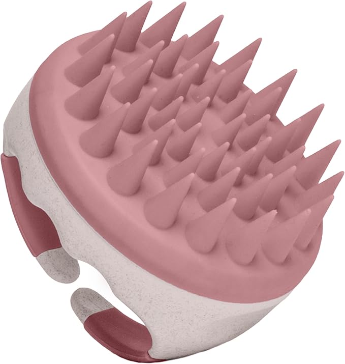 Hair Shampoo Brush and Scalp Exfoliator - Soft Silicone Scalp Massager Hair Growth Stimulator for Wet or Dry Hair - In Shower Scalp Scrubber for Dandruff Removal Made with Recycled Wheat Straw - Pink
