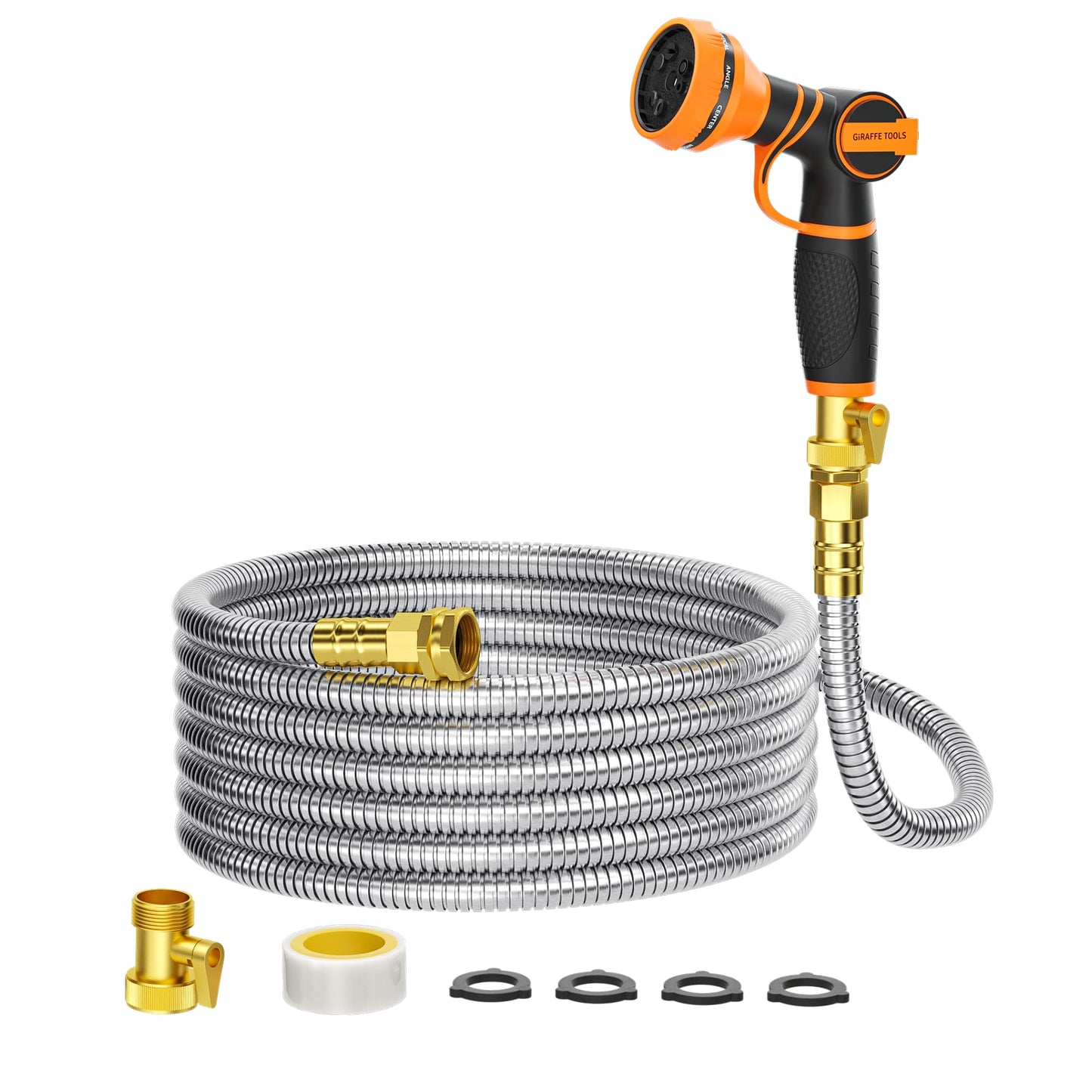 Giraffe Tools Garden Hose 50ft x 5/8", 304 Stainless Steel Metal Water Hose, No Kink Garden Water Hose with 9 Pattern Spray Nozzle, Flexible, Lightweight, Kink Free Hose for Yard, Outdoor