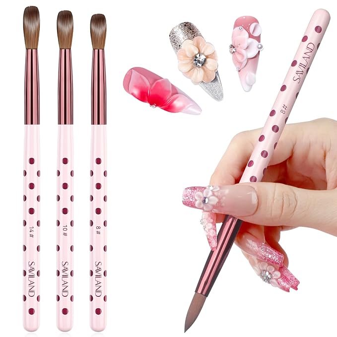 SAVILAND 3PCS Acrylic Nail Brush Set: Size 8/10/14 Kolinsky Acrylic Brush Professional Nail Brushes for Acrylics Powder, 3D Carving & Nails Extensions, Pink Manicure Tool for DIY Home Salon