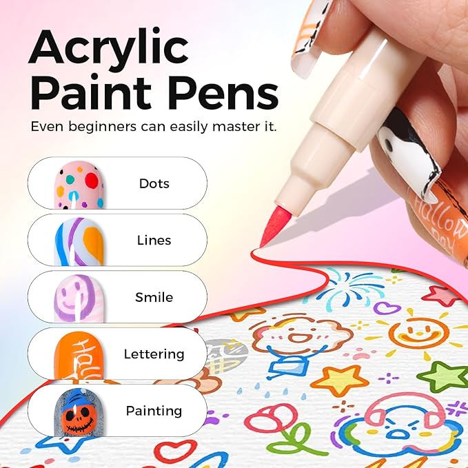 6 Colors Nail Art Pens Set, 3D Nail Polish Pens Quick-Drying Acrylic Paint Markers, Dotting Liner Brush for DIY Nail Design, Home & Salon Manicure Tools