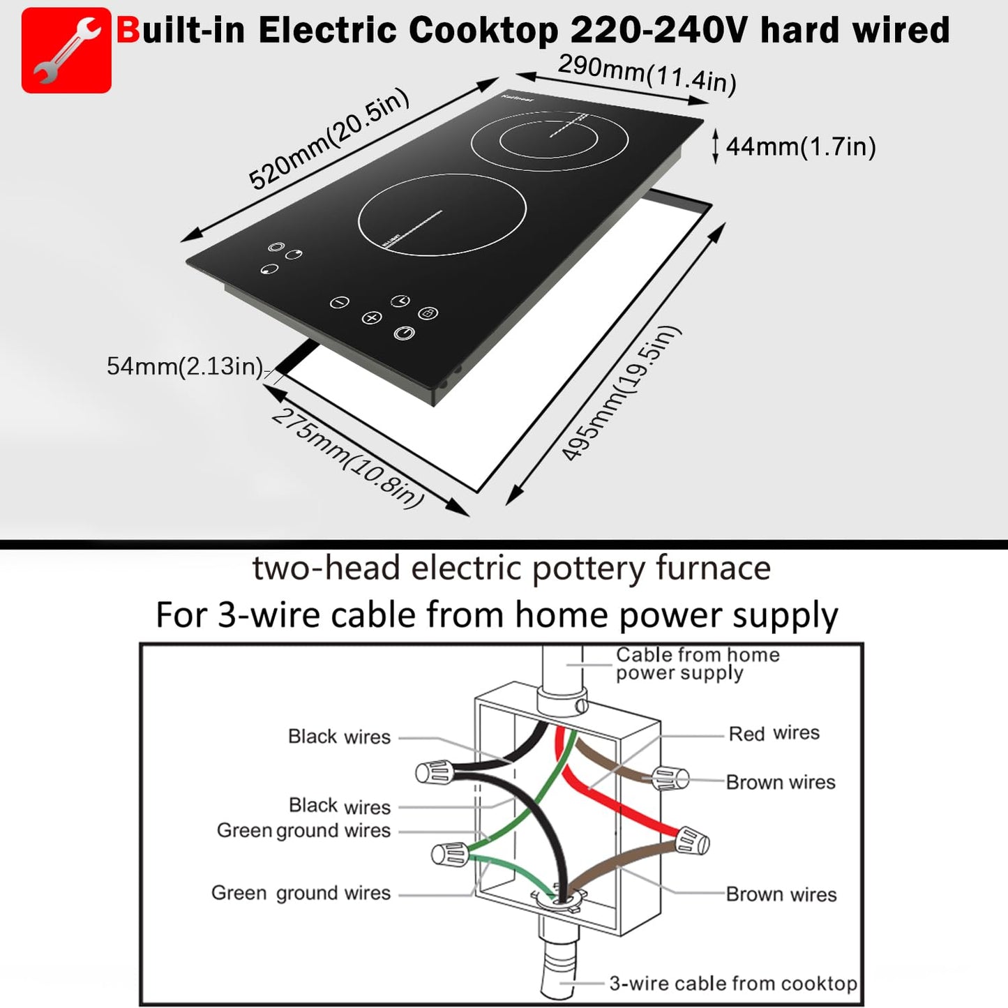 Karinear 2 Burner Electric Cooktop 12 Inch, Drop-in Radiant Cooktop 220v - 240v with Child Safety Lock, Timer, Residual Heat Indicator, 3200W, Hard Wired, No Plug Electric Stove Top
