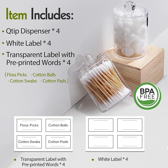 4 Pack Acrylic Qtip Holder Dispenser for Cotton Swabs, Balls, Pads, Floss Picks- Small Clear Acrylic Canister Apothecary Jar Set, Bathroom Essentials Accessories Decor, Vanity Makeup Storage Organizer