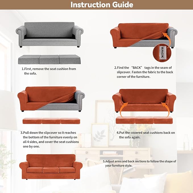 WEERRW 4 Pieces Velvet High Stretch Couch Covers for 3 Cushion Couch Sofa Slipcovers, Washable Furniture Protector with Non Slip Elastic Bottom, Feature Soft and Thick Plush Fabric, Pumpkin, Large