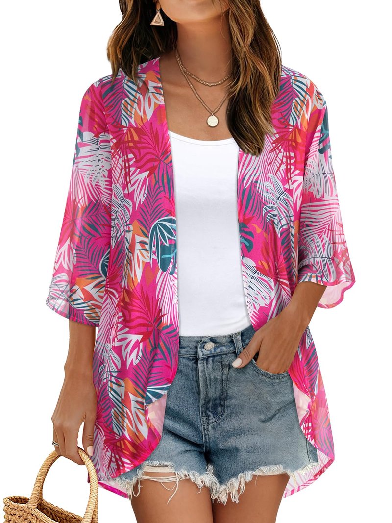 Women's Floral Kimono Print Puff Sleeve Loose Cardigan Cover Up Casual Blouse Tops (Rose Red Leaves, 3XL)