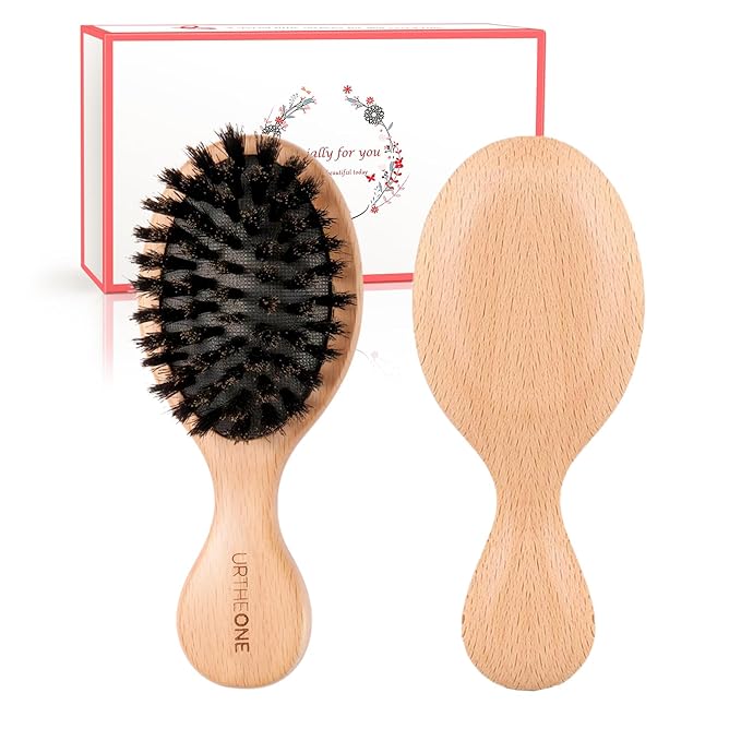 URTHEONE 100% Pure Boar Bristle Hair Brush - Mini Travel Size Wooden Brush for Shine, Frizz Control & Scalp Massage, Natural Pocket Hairbrush for Women Men Kids, Portable for Purse Car Office