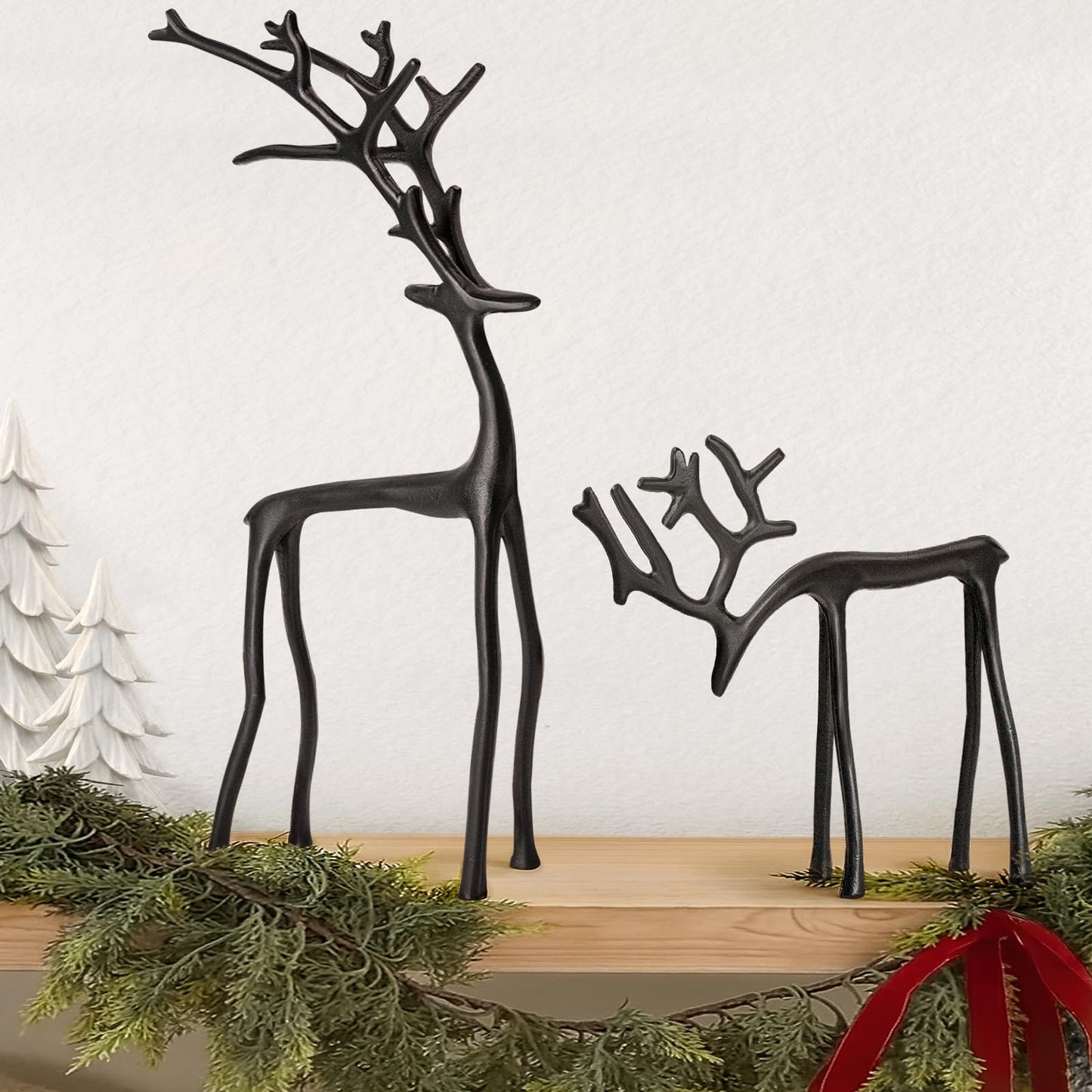 Christmas Decorations - Set of 2 Black Reindeer Statues - Modern Aluminum Alloy Xmas Figurines - Elegant Indoor Holiday Decor - Table Centerpieces - Ideal for Mantel Living Room Bedroom Office