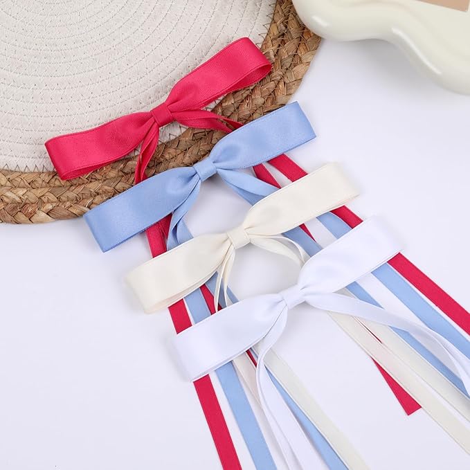 Hair Bows Clips Coquette Ribbon Bowknot with Long Tail Princess Hair Bows French Barrettes Hair Accessories for Women Girls 16PCS (Rose red, Cream,White, Blue)