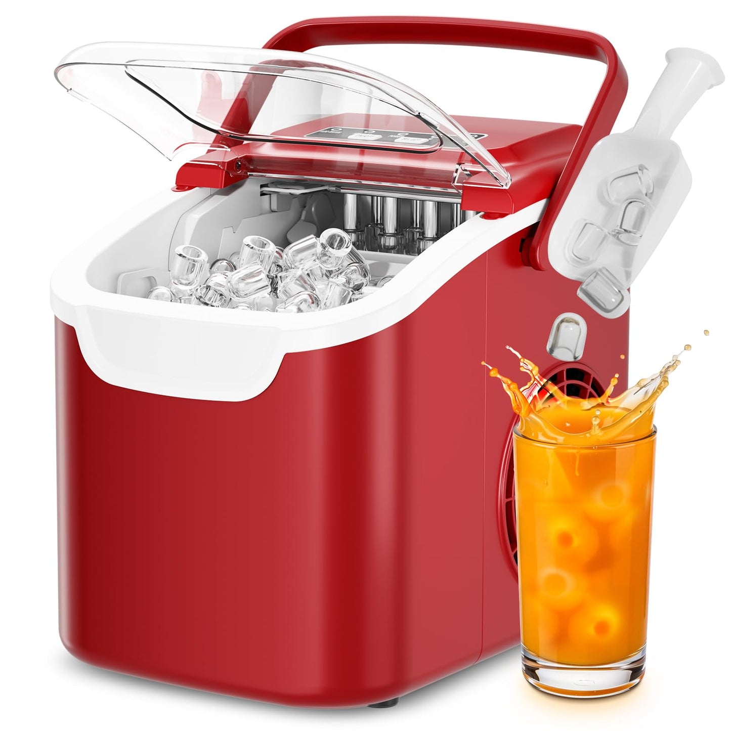 Antarctic Star Ice Maker Countertop, 8 Bullet Ice Cubes in 6 Mins, 26.5 lbs/Day, Self-Cleaning, 2 Sizes, Ultra-Quiet for Home/Kitchen/Camping/RV RED