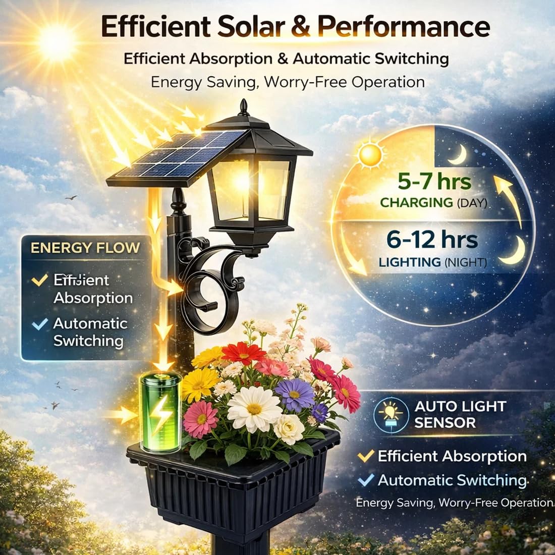 keckaky 2-in-1 Solar Post Light with Planter for Real Or Fake Flowers, 2026 New Solar Lamp Post - Wall Mount Or Freestanding, 3000K Solar Lamps Outdoor Waterproof, for Lawn, Patio, Front/Back Door