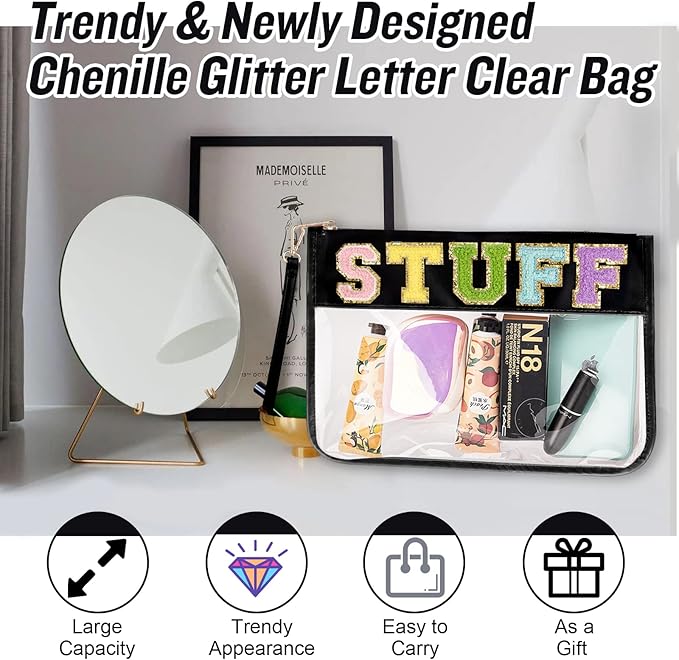 Chenille Letter Clear Bag Stuff Purse, Monogram PVC & PU Clear Zipper Pouch with Wristlet, Waterproof Portable Glitter Snacks Makeup Beach Toiletry Bag for Women Girls (STUFF-Black)
