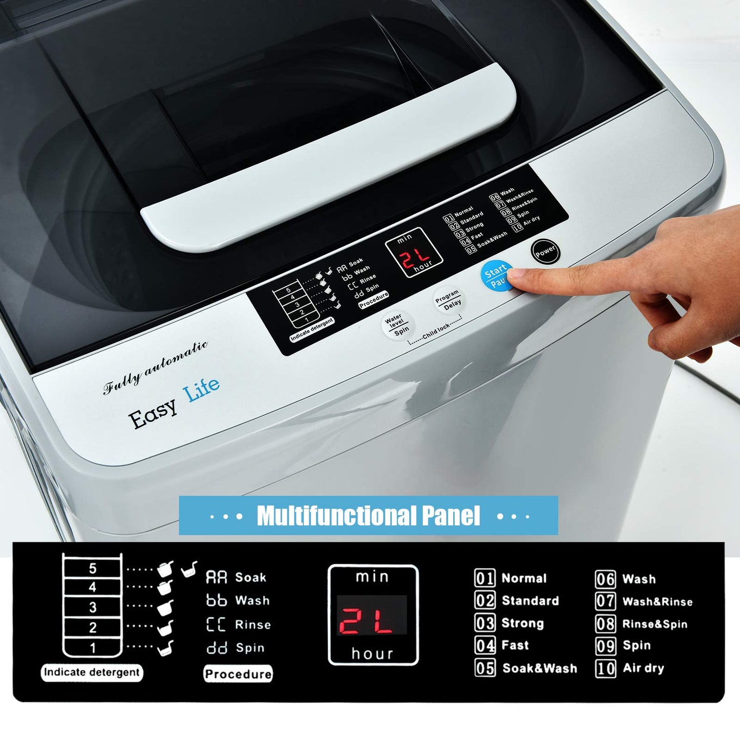 COSTWAY Portable Washing Machine, 2-in-1 Laundry Washer and Spin Combo with 10 Programs, 8.8lbs Capacity, Drain Pump and LED Display, Full Automatic Washer for Apartment, RVs, Dorm, Grey