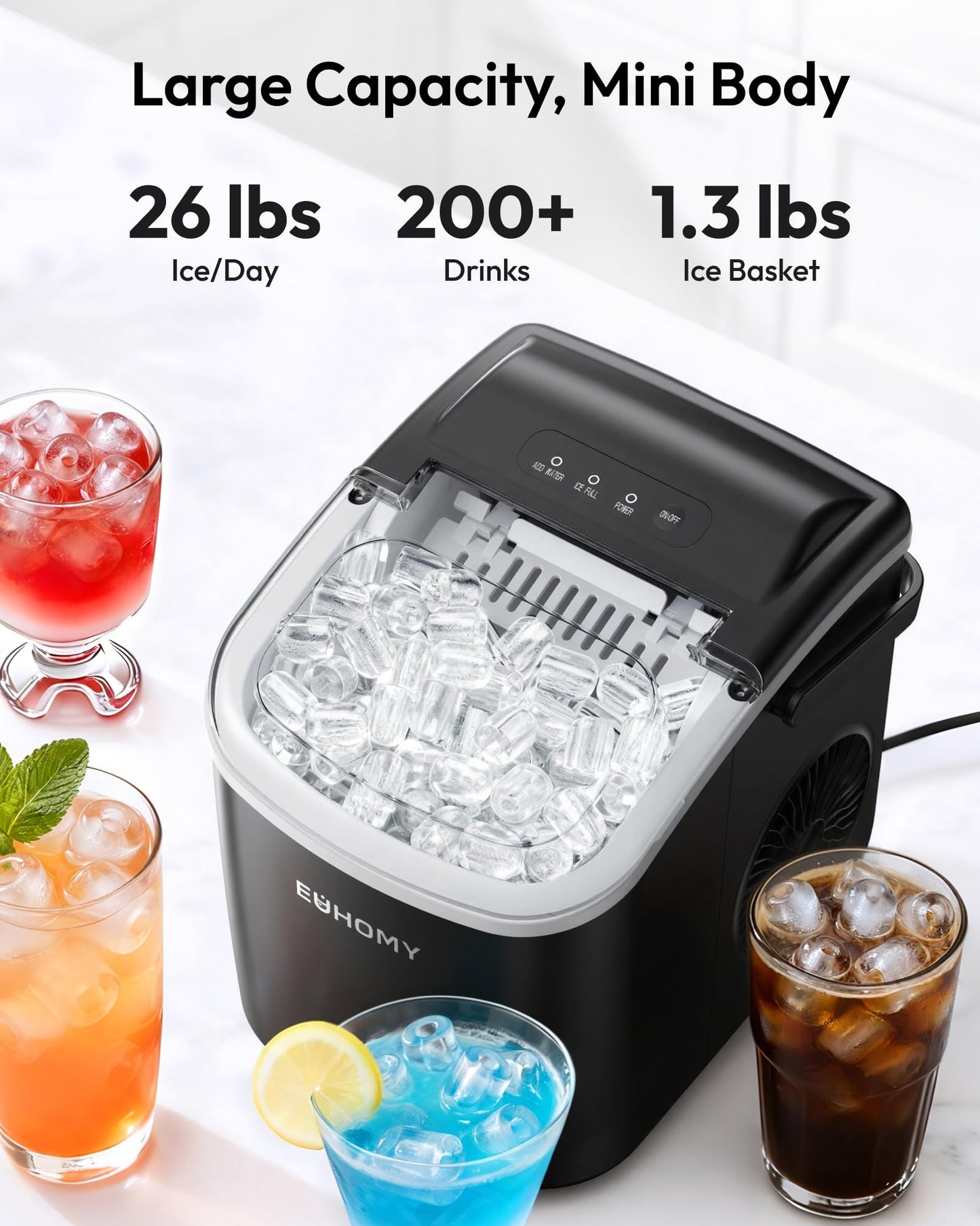 EUHOMY Countertop Ice Maker Machine with Handle, 26lbs Per Day, 9 Bullet Cubes in 6 Mins, Self-Cleaning Portable Ice Maker with Basket and Scoop, for Home/Kitchen/Camping/RV (Black)