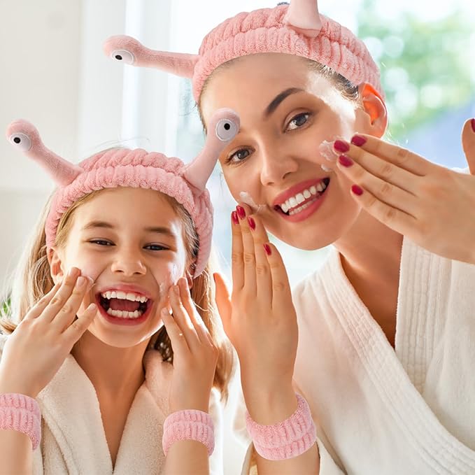 SuPoo 3pcs Snail Face Wash Headband, Wristband and Hair Wrap Set - Funny Pink Puffy Makeup Headbands, Cute Spa Towels and Hair Accessory