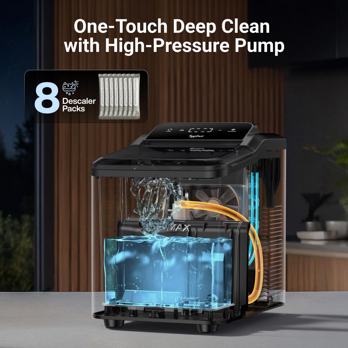 Typhur Fast Nugget Ice Maker Countertop with Self-Cleaning Pump, 35lbs/24H Crushed Pebble Ice Machine with Pellet Ice, 8 Packs Cleaner, Dual Ice Scoops for Home, Kitchen, Party, RV, Stainless Steel