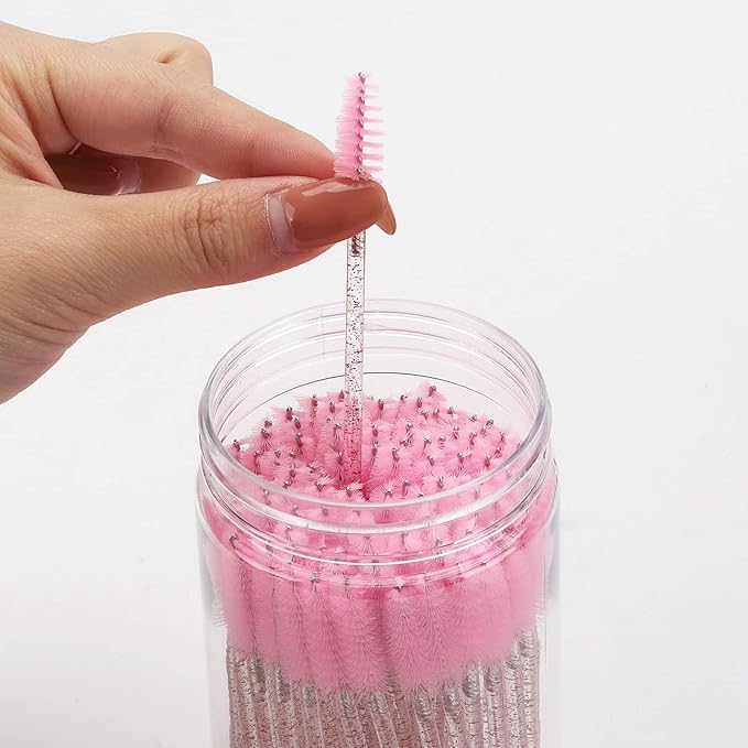 100 Pcs Disposable Mascara Wands, Lash Brushes with Container, Crystal Eyebrow Spoolies Brush for Eyelash Extensions (Pink, Hotpink)