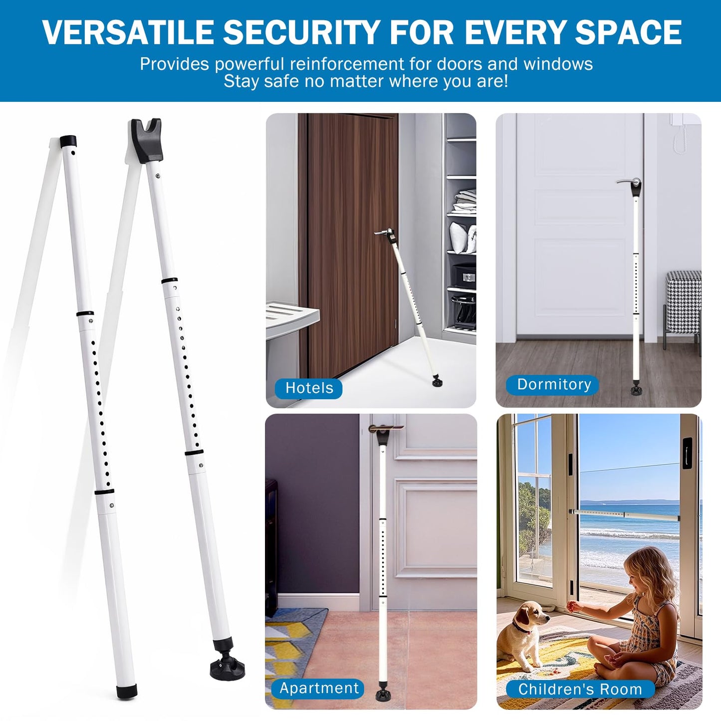 Heavy Duty Sliding Door Security Bar, Adjustable 23"-47" Security Window Stopper Jammer for Home & Travel, Door Lock Stick Bar with Anti-Slip 360° Base Fits All Floors, Hotel/Apartment Safety Device