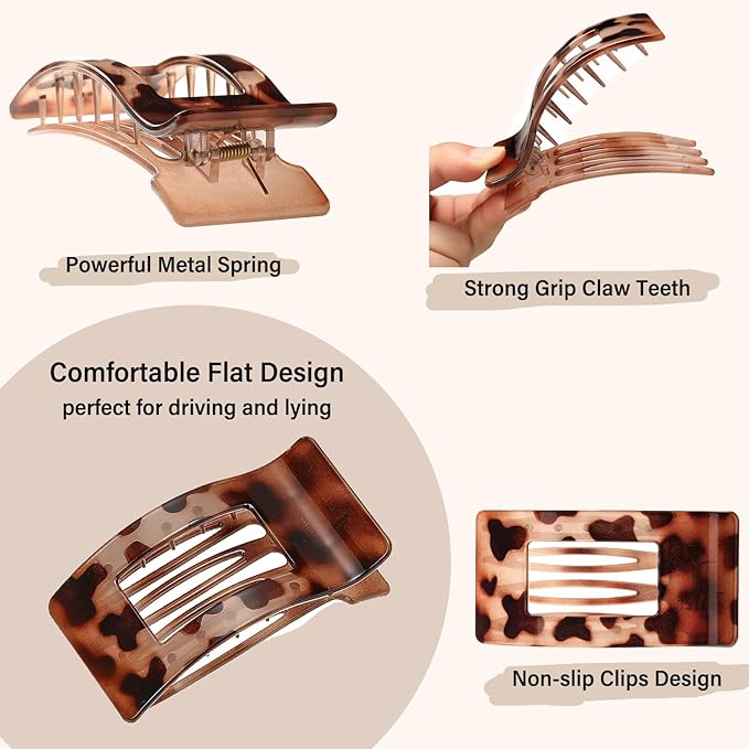 4 Pack Large Flat Hair Clips for Women, Rectangle Non-slip Lay Down Claw Clips, French Strong Hold No Crease Barrettes for Thick & Thin Hair, Stylish Square Hair Accessories (Leopard)