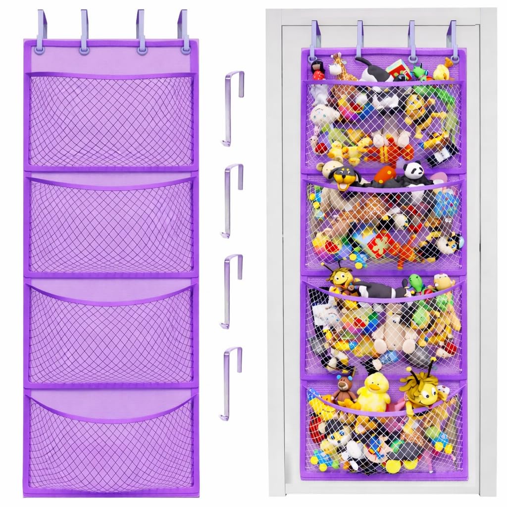 Honeyera Plush Storage (Patent Pending) - Plush Hammock Net Over Door Organizer for Stuffies, Baby Accessories, Toy/Hammock Hanging Storage Big Girls Toddler Large Bag Animals (Purple)