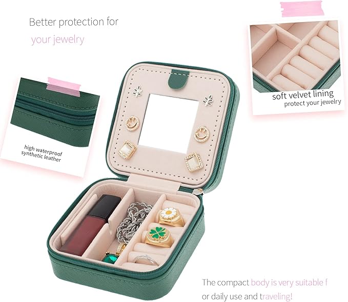 KElofoN Travel jewelry case Travel jewelry box Travel Jewelry Organizer Small box Gift for Girls Women with Mirror(Green)