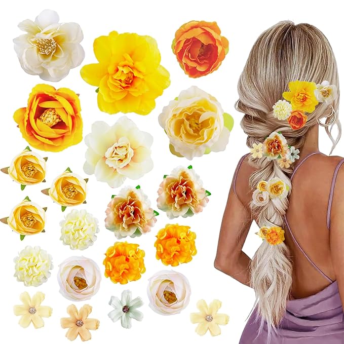 21 PCS Hair Flowers Boho Hair Barrettes Accessories Hawaiian Silk Flower Clips Girls Orange Floral Bride Headpiece Festival(Orange & Yellow)