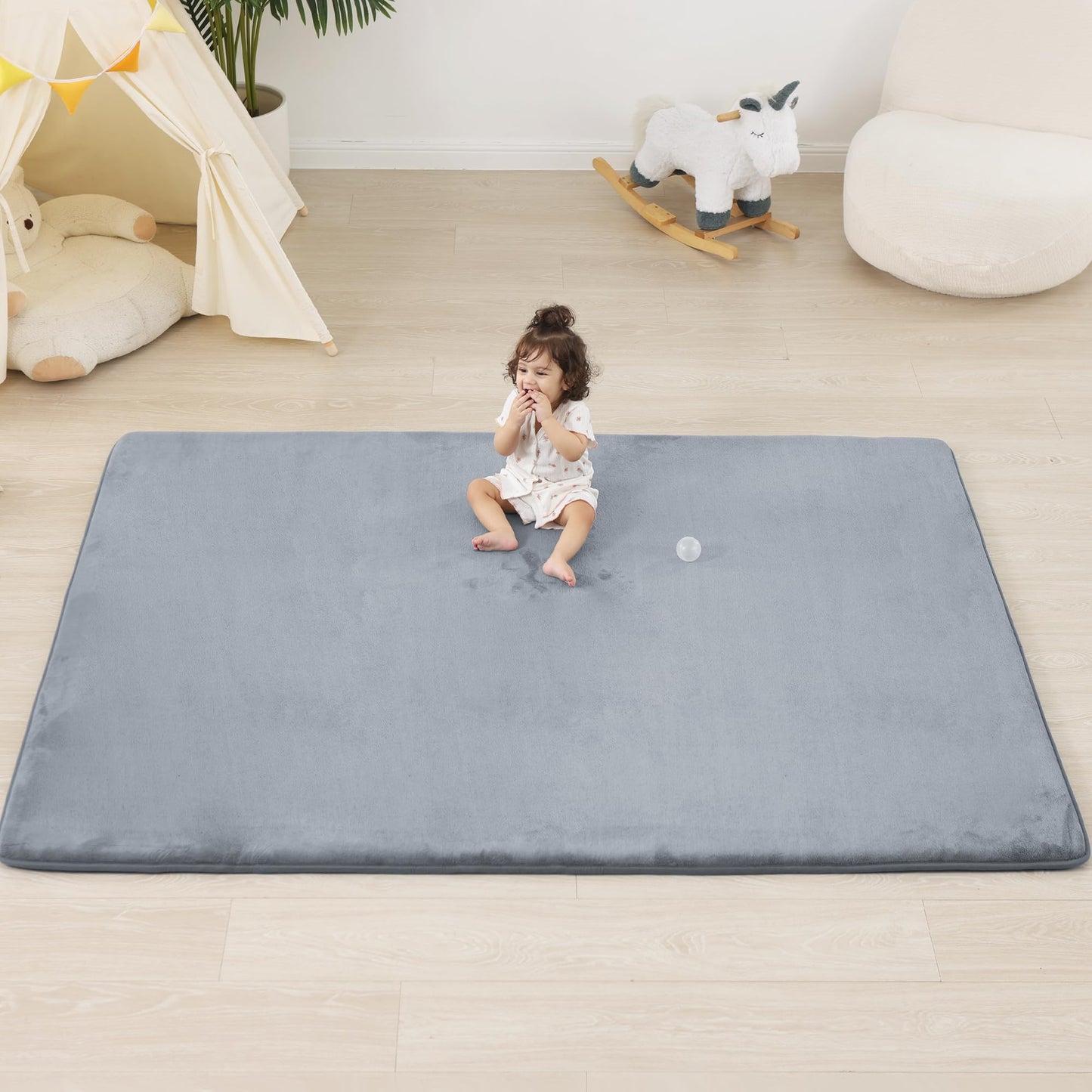PAPAMAT 1.3" Thick Baby Floor Play Mat 79x158, Basic Padded Foam Mat for Tummy Time Crawling, Non Slip Cushioned for Babies Toddlers Infants Kids (Light Grey)