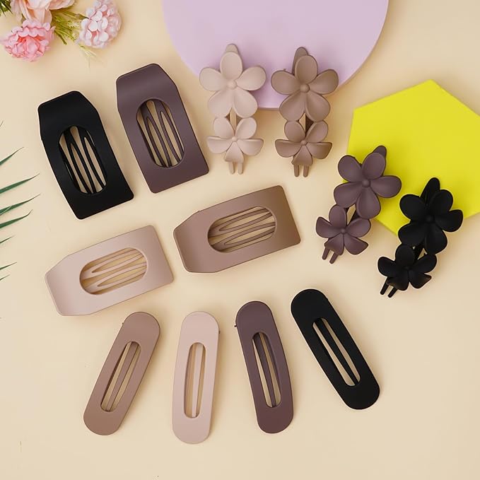12 Pack Flat Hair Clips for Women – Matte Neutral Square Claw Clips, Flat Barrettes & Flower Pins in Black, Blonde,Light Brown & Dark Brown, Soft Touch Hair Accessories for Thick & Thin Hair