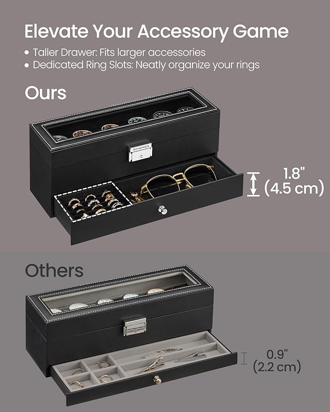 SONGMICS Watch Box, 6-Slot Watch Case Organizer with Large Glass Lid, 2 Layers, Removable Pillows, Metal Lock, Gift for Loved Ones, Black Synthetic Leather, Black Lining UJWB060B02