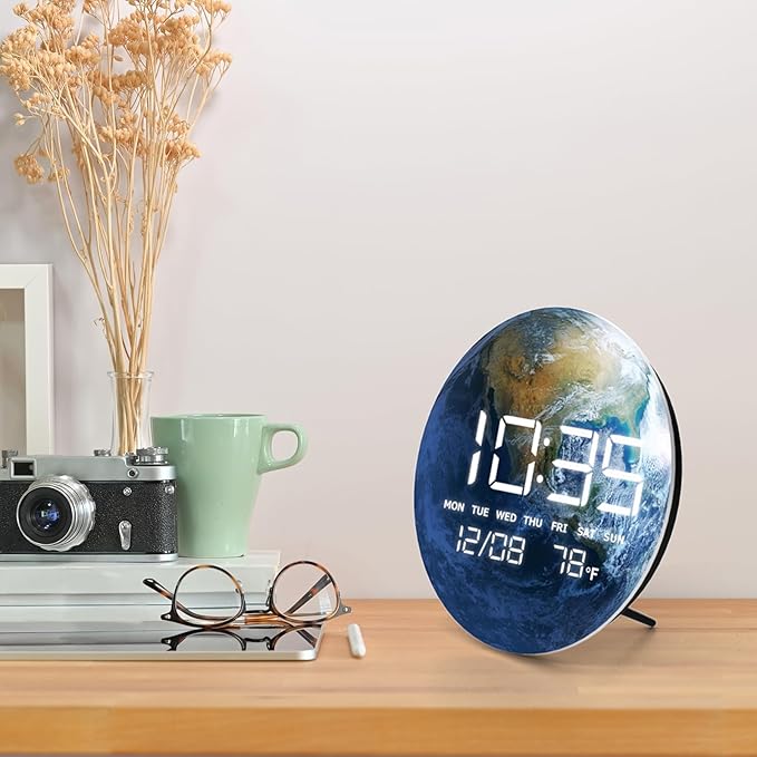 HOMLOVE Digital Desk Clock with Large LED Display, Earth Modern Date Temperature Clock [TYPC-in] for Shelf, Table, Mantel or Bedside, (Earth, 7.87 INCH)