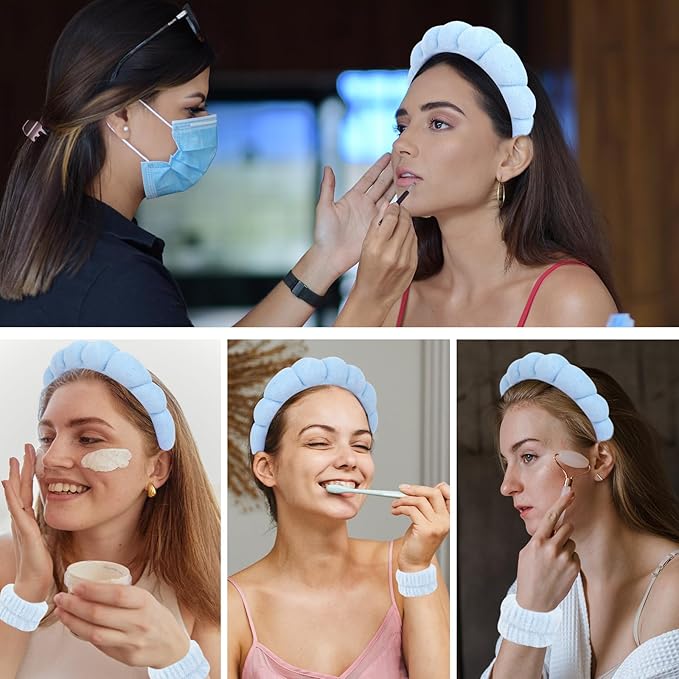 6Pcs Blue Spa Set, Skincare Wrist Washbands, Terry Cloth Headbands for Face Washing