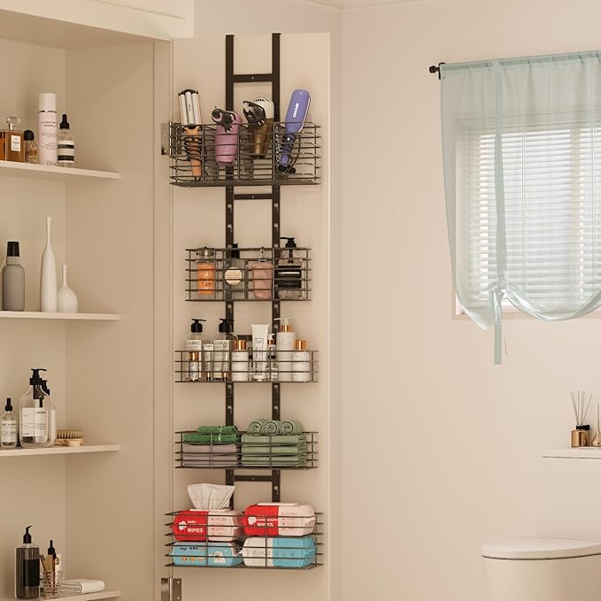 Yuyetuyo 5-Tier Over The Door Organizer Bathroom - Hair Dryer Holder - Hair Tool Organizer Adjustable Height, DIY Bathroom Storage Shelf Wall Mounted for Flat/Curling Irons, Straighteners, Skincare