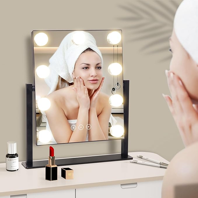 Vanity Mirror with Lights,Makeup Mirror with Lights with 9 Dimmable LED Bulbs, 3 Color Lighting Modes Detachable 10X Magnification Mirror Touch Control,360°Rotation