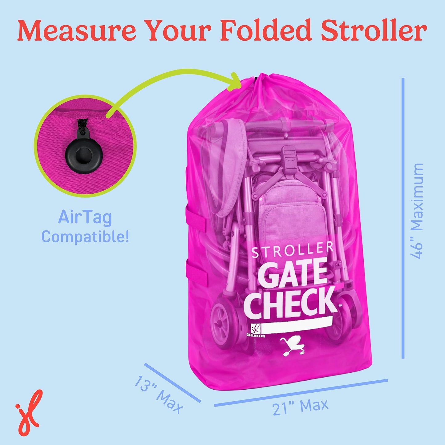 J.L. Childress Gate Check Bag for Single & Some Double Strollers - Travel Bag for Airplane, Fits Most Standard Baby Strollers, Airport Accessories Gate Check, Flying Essentials - Neon Pink