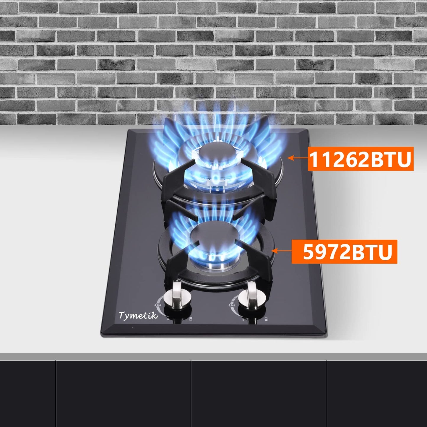 Tymetik 12 Inch Gas Cooktop - 2 Burner Built-in Stovetop with Tempered Glass, LPG/NG Convertible Dual Fuel, Ideal for RVs, Apartments, Outdoor
