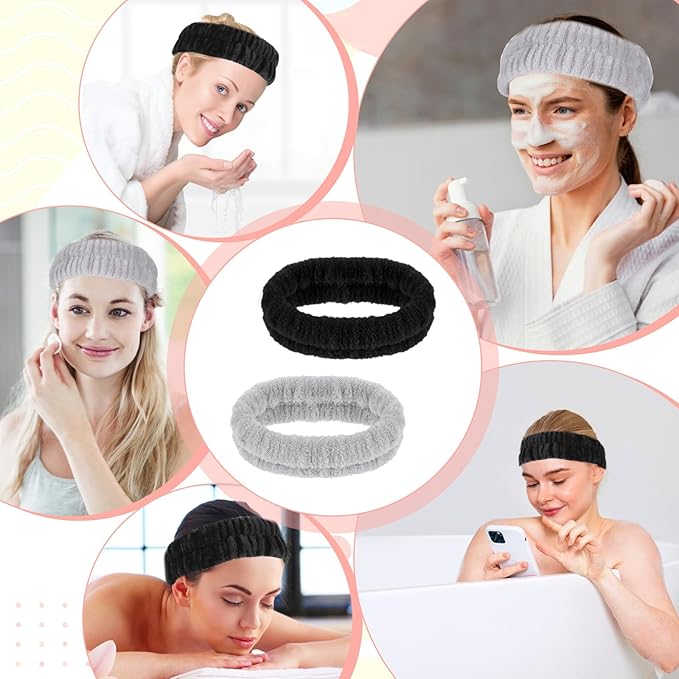 2Pcs Spa Headband, Make Up Headband Hair Headband for Face Washing Hair Bands Men Absorbent Elastic Skin Care Head Band Wrap for Women Yoga Sports Shower Exercise