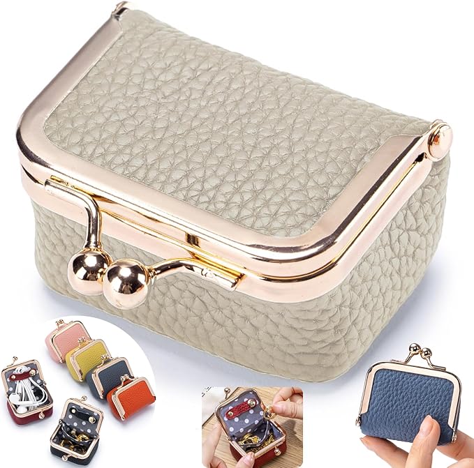 Genuine Leather mini Jewelry box, Portable Travel Jewelry case - Vintage mini Organizer with Kiss Lock for Rings, Earrings, Necklace, Bracelet | Gift for Women (Elephant gray S 2.56in)